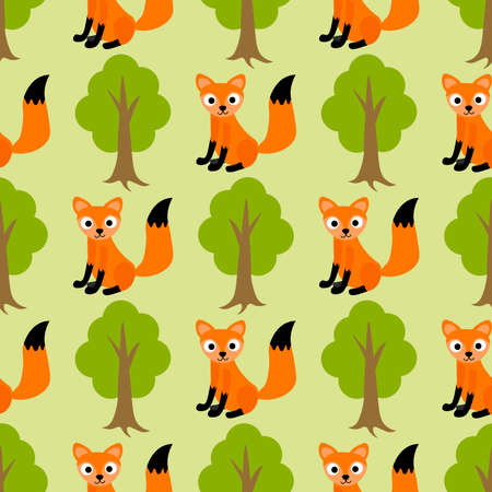 Seamless pattern with cute happy cartoon fox and oak tree in flat style. Woodland animal background. Vector illustration.のイラスト素材