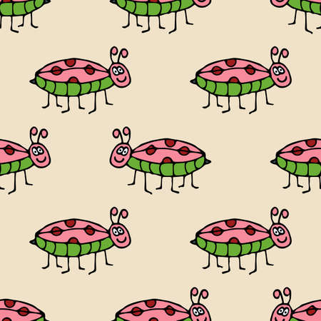 Seamless pattern with cute cartoon doodle linear bug, cockroach isolated on background. Vector illustration.のイラスト素材