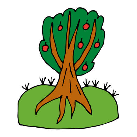 Cartoon doodle apple tree isolated on white background. Fruit garden in childlike style. Vector illustration.のイラスト素材