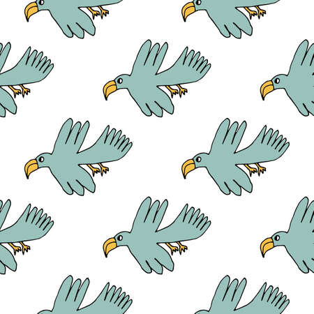 Cute cartoon seamless pattern with tropic bird in childlike doodle style. Animal background. Vector illustration.のイラスト素材