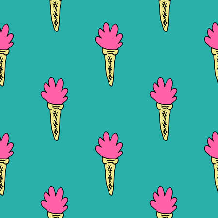 Hand drawn colorful seamless pattern with strawberry ice cream in the waffle cone. Vector illustration.のイラスト素材