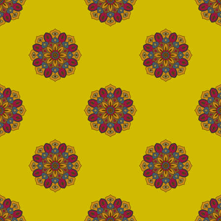 Fantasy seamless pattern with ornamental mandala. Abstract round doodle flower background. Floral geometric circle. Vector illustration.のイラスト素材