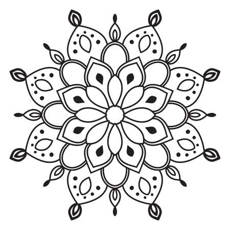 Black outline flower mandala. Doodle round decorative element for coloring book isolated on white background. Floral geometric circle. Vector illustration.のイラスト素材