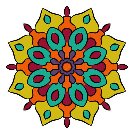 Colorful outline flower mandala. Doodle round decorative element for coloring book isolated on white background. Floral geometric circle. Vector illustration.のイラスト素材