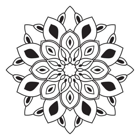 Black outline flower mandala. Doodle round decorative element for coloring book isolated on white background. Floral geometric circle. Vector illustration.のイラスト素材