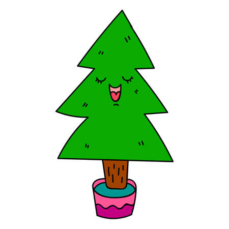 Hand drawn doodle Christmas and Happy New Year tree. Holiday spruce. Vector illustration.のイラスト素材