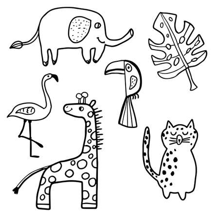 Cute hand drawn doodle African animals set isolated on white background. Giraffe, Toucan, Elephant, Leopard, Flamingo and leaf of Monstera. Vector illustration.のイラスト素材