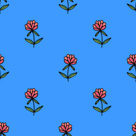 Abstract colorful doodle flower with leaves seamless pattern. Floral background. Vector...