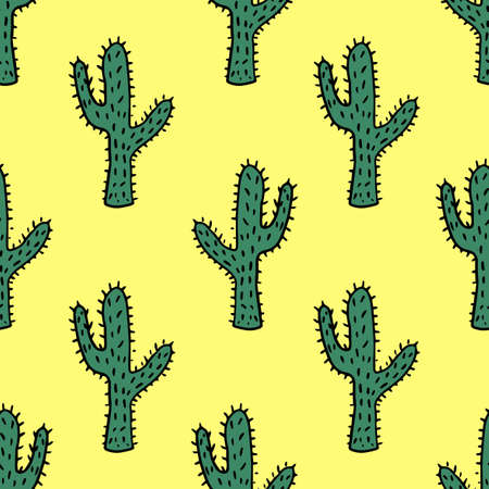Cute doodle cactus in desert seamless pattern. Safari background. Vector illustration.のイラスト素材
