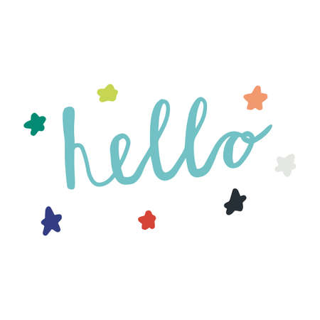 Cute hand drawn lettering of word HELLO. Cartoon phrase for meeting, introduction. Vector illustration.のイラスト素材