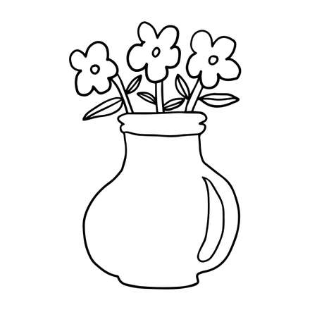 Cute retro doodle vase with flowers isolated on white background. Vector illustration.のイラスト素材