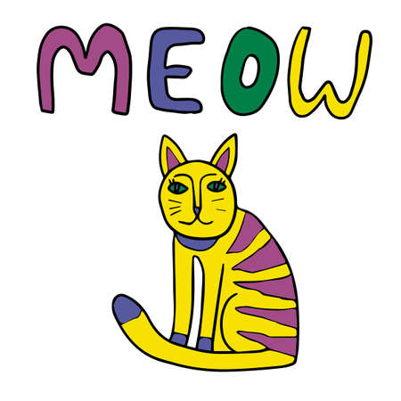 Cute cartoon doodle cat and word MEOW isolated on white background. Childlike style. Vector illustrationのイラスト素材
