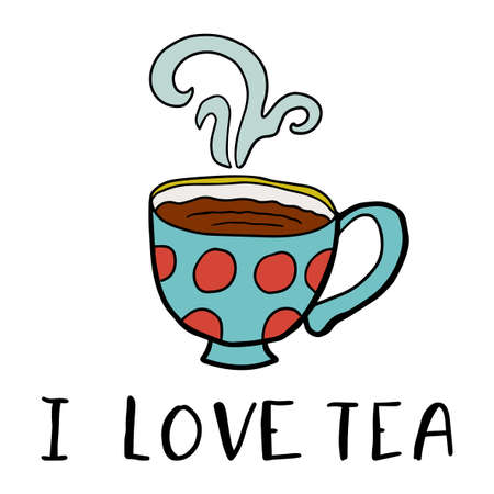 Cute doodle tea cup with polka dot ornament and lettering I Love Tea isolated on white background. Vector illustration.のイラスト素材