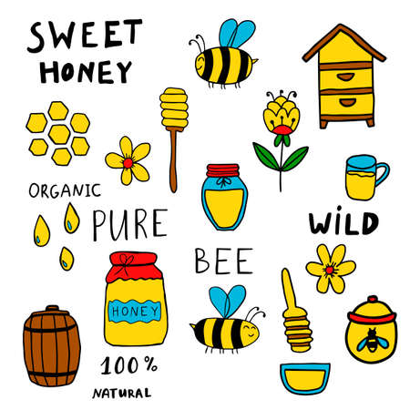 Cute doodle sweet honey set. Honeycomb, apiary, bee, jar of honey, barrel of honey, flowers, drops, lettering isolated on white background. Vector illustration.のイラスト素材