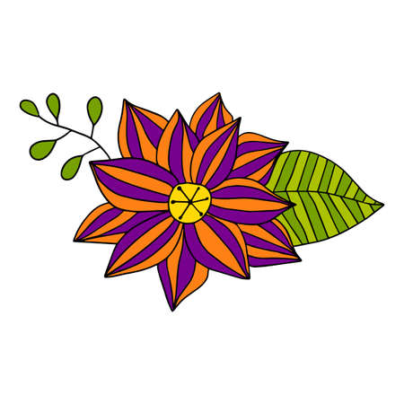 Cute fantasy doodle flower with leaves isolated on white background. Vector illustration.のイラスト素材