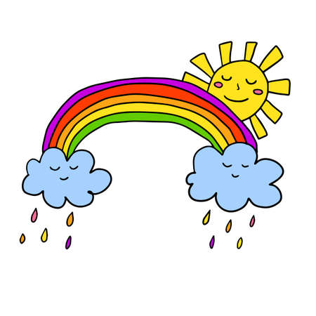 Cartoon linear doodle retro rainbow, sun and rainy clouds isolated on white background. Vector illustration.のイラスト素材