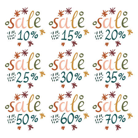 Cute lettering of words SALE 10, 15, 20, 25, 30, 35, 50, 60, 70 percentage. isolated on white background. Discount card, tag, sticker. Vector illustration.のイラスト素材