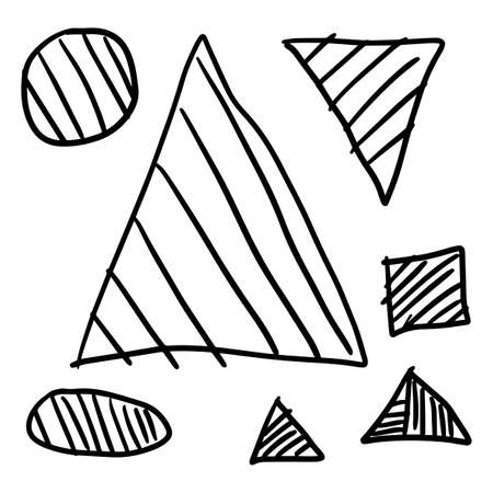 Abstract striped geometric shapes isolated on white background. Hand drawn doodle triangles, circles, square.のイラスト素材