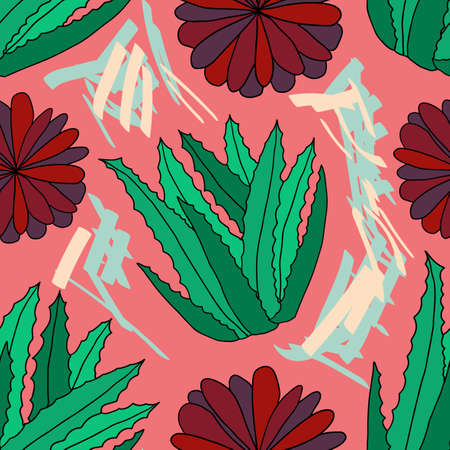 Cute hand drawn Succulent Aloe, Agave plant seamless pattern. Bushes background. Vector illustration.のイラスト素材