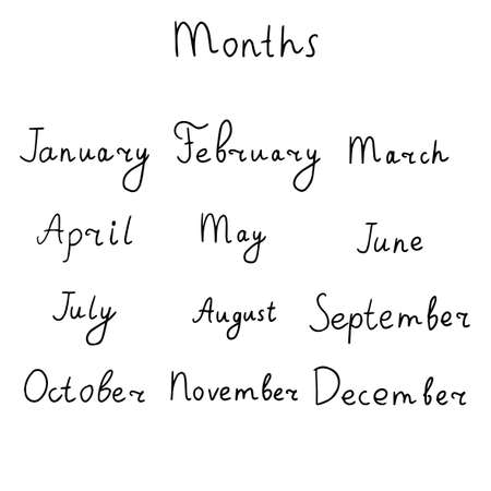 Cute hand drawn doodle text of months of the year isolated on white background. Lettering of...