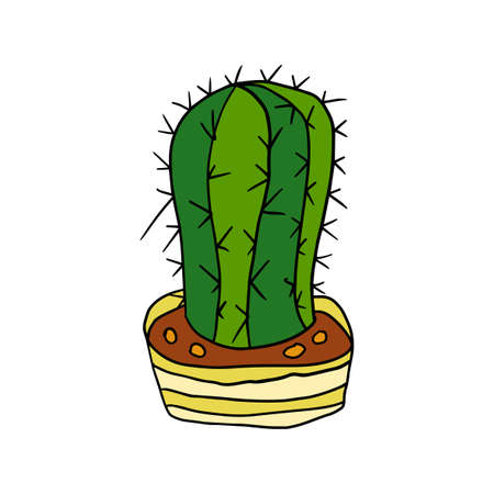 Cartoon doodle cactus in the pot isolated on white background. Cute cartoon floral element.のイラスト素材