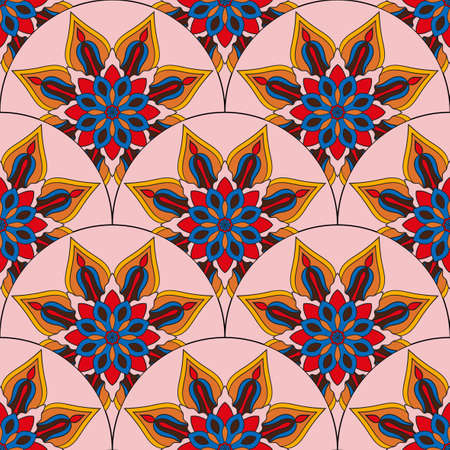 Abstract mandala fish scale seamless pattern. Ornamental tile, mosaic background. Floral patchwork...