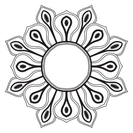 Abstract doodle curly thin line round frame isolated on white background. Mandala border.のイラスト素材