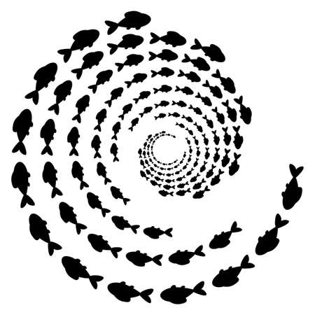 School of fish. Swirl, vortex of sea animal, fishes silhouettes. Marine life isolated on white background.のイラスト素材