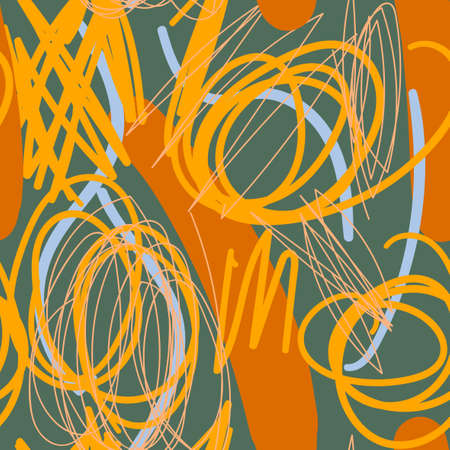 Modern hand draw colorful abstract seamless pattern with doodle geometrical shapes: circles, lines.のイラスト素材