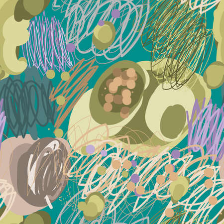 Colorful hand drawn doodle seamless pattern with abstract hand drawn brush strokes and paint...