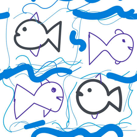 Cute colorful cartoon doodle fish in childlike style seamless pattern. Tropical ocean life. Animal wrapping paper.のイラスト素材