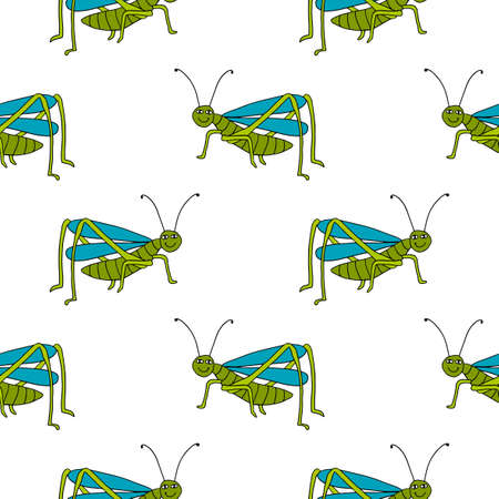 Cute cartoon doodle happy Grasshopper seamless pattern. Infinity background with summer insect, wild animal.のイラスト素材
