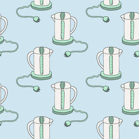 Cute doodle electric kettle seamless pattern. Kitchen equipment background.のイラスト素材