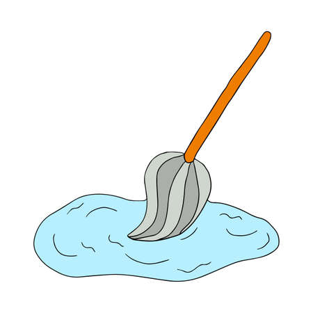 Cartoon doodle linear broom with puddle of water, brush isolated on white background.のイラスト素材