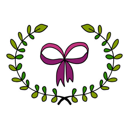 Cute doodle wreath of hand drawn branches and leaves. Bow isolated on white background. Floral round frame. Laurel.のイラスト素材