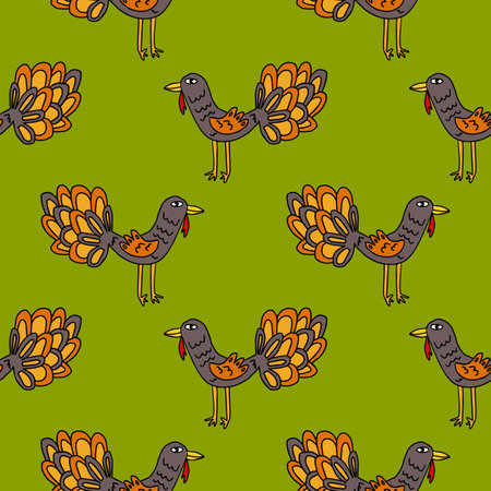 Cartoon rooster, turkey. Bird in doodle style seamless pattern. Farm animal background.のイラスト素材