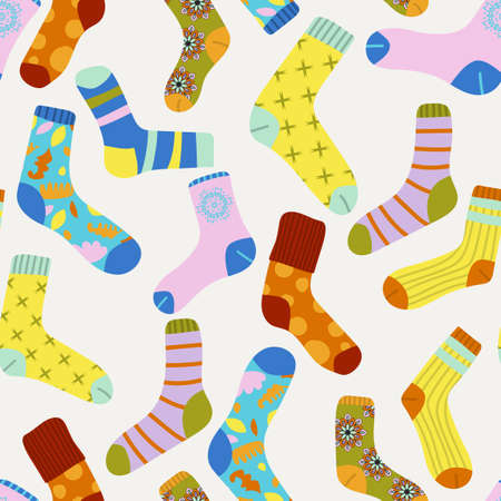 Cute seamless pattern of different socks with textures, ornaments, stripes. Flat childlike style. Modern cartoon cloth background.のイラスト素材