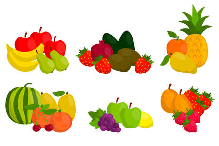 Cute fruit in flat style composition isolated on white background. Fair of harvest. Wind with fruits. Pineapple and watermelon, apple and strawberry, pear and lemon.のイラスト素材