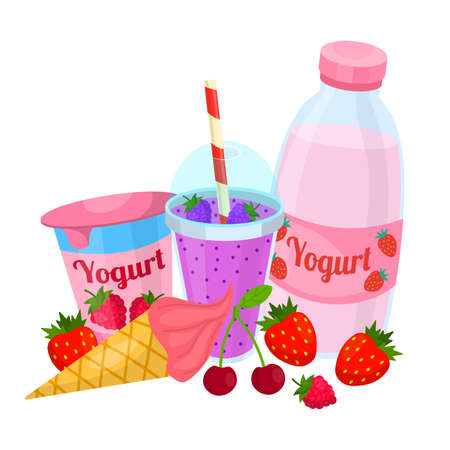Cute composition of sweet dairy products with berries. Cocktail and ice cream, raspberry and strawberry yogurts isolated on white background.のイラスト素材