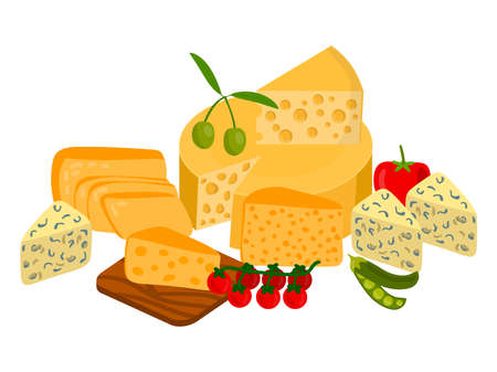 Cute different kinds of cheese. Composition of dairy products isolated on white background. Blue cheese and processed cheese, cheddar and parmesan, camembert and gouda.のイラスト素材
