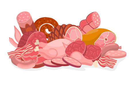 Cartoon fresh meat products compositions in flat style. Chicken and bacon, steak and sausages, Krakow sausage and ham, tenderloin. Meat and ingredients.のイラスト素材