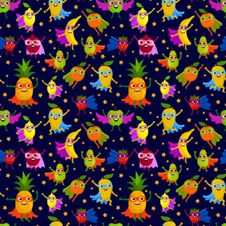 Cute superheroes fruits seamless pattern. Superpower vitamin food in flat style. Fruits characters messy background.のイラスト素材