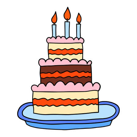 Cartoon hand drawn doodle big cake with candles