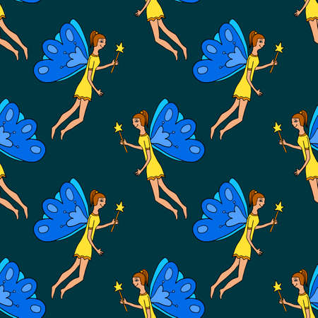 Happy fantasy doodle fairy flying with magic wand seamless pattern.のイラスト素材