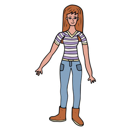 Doodle happy young lady in striped t-shirt, skinny jeans and boots isolated on white background.のイラスト素材