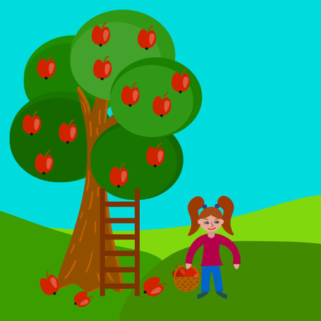 Cute cartoon girl in flat style harvesting apples from an apple tree.のイラスト素材