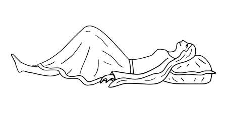 Doodle young woman lying. Girl relaxing on the pillow isolated on white background. Side view.のイラスト素材