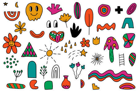 Set of different doodle boho bogemian shapes. Elements for postcard, pattern, decoration. Clip art hand drawn hippie free forms. Tattoo template.のイラスト素材