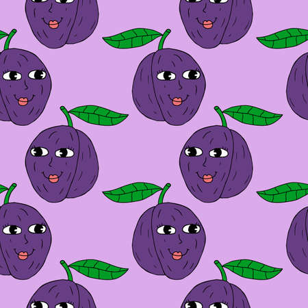Happy cartoon doodle plum character with leaf seamless pattern. fruit background.のイラスト素材