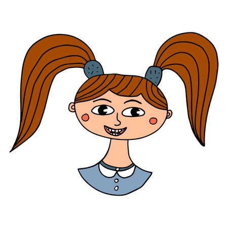Cartoon doodle girl portrait isolated on white background. Cute little girl in hand drawn childlike style.のイラスト素材